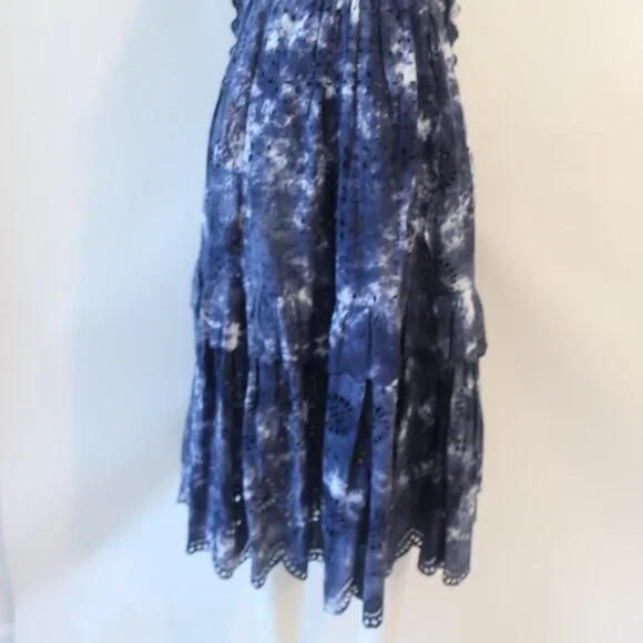Womens LoveShackFancy Navy Blue White Tie Dye Eyelet Shoulder Ties Midi Dress 0 - Picture 3 of 15